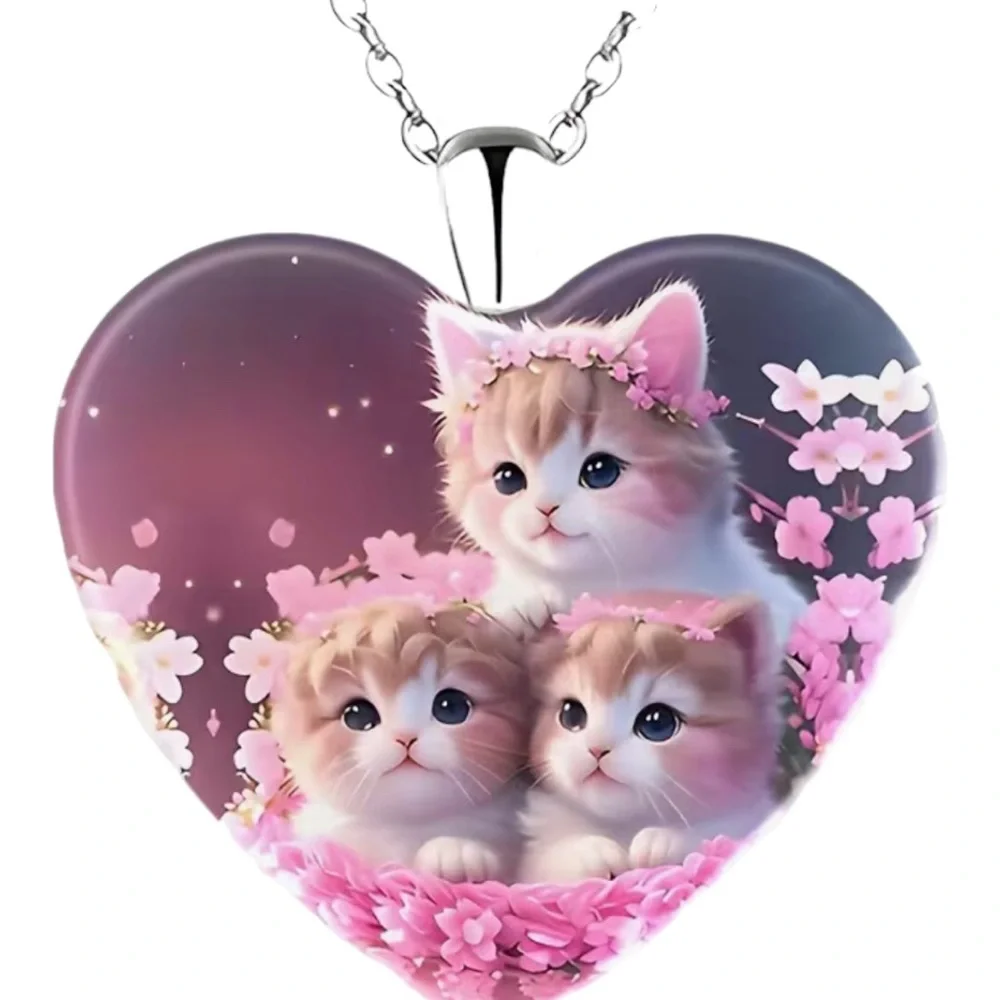 50% OFF Three Little Kittens Romping in Flowers Heart Shaped Pendant Necklace